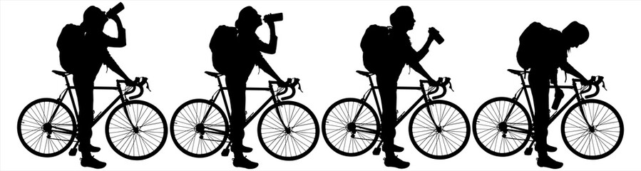 Obraz premium Thirst. The cyclist stopped for a drink. Girl with a bicycle. A woman in a cap, with a backpack on her back, stands near her bike and drinks water. Four black female silhouettes isolated on white