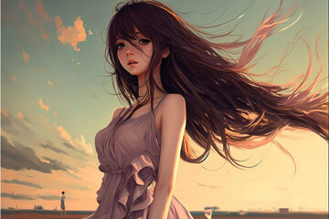 a beautiful anime girl looking into the camera, sad emotion while wind blowing, generative ai technology
