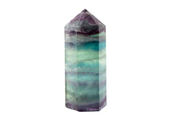 Translucent purple and green color Fluorite crystal standing point gemstone isolated on white...