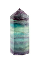 Translucent purple and green color Fluorite crystal standing point gemstone isolated on transparent background. Healing and clearing energy concept.