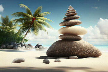 Balance stones on sandy beach, pebbles stack, zen and spa concept. Generative AI