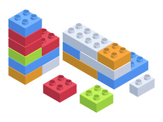 Isometric brick toys. Building 3d blocks, children lesure game, colorful bricks toy 3D vector illustration on white background