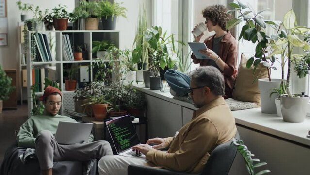 Team of developers writing codes on computers sitting among green plants in modern office