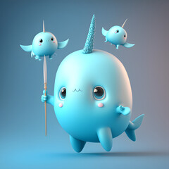 Cute Cartoon Narwhal Character 3D Rendered