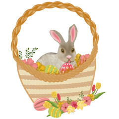 Happy easter  elements hand drawn watercolor easter bunny and easter eggs,  flowers, easter basket and flower pot.