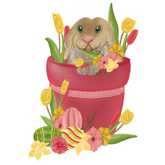 Happy easter  elements hand drawn watercolor easter bunny and easter eggs,  flowers, easter basket and flower pot.