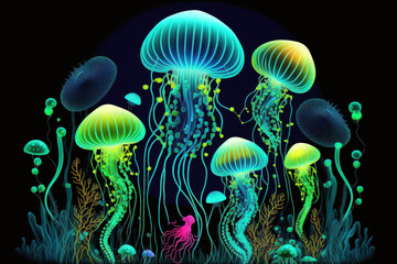 Black backdrop with neon jellyfish in an abstract fantasy style. neon colored jellyfish from the sea. illustration. Generative AI