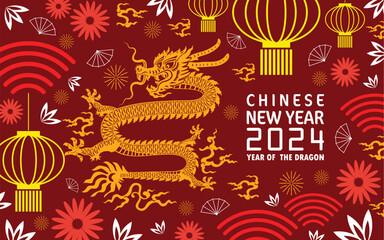 Happy chinese new year 2024 year of the chinese dragon zodiac with on color Background. ( Translation : happy new year, chinese dragon )