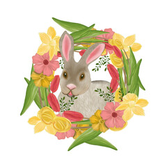 Happy easter  elements hand drawn watercolor easter bunny and easter eggs,  flowers, easter basket and flower pot.