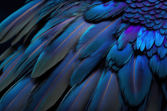 Blue macro feather, Blue and Purple feathers, Macaw, Animal, Bird, UK, Parrot feather macro texture. Generative AI
