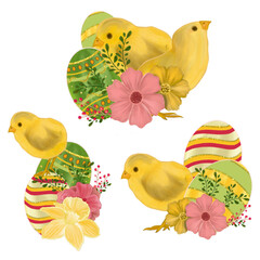 Happy easter  elements hand drawn watercolor easter bunny and easter eggs,  flowers, easter basket and flower pot.