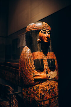 Turin, Italy - June 21th 2022: Exhibition of mummies, artifacts and Egyptian finds at the Egyptian Museum of Turin