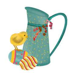 Happy easter  elements hand drawn watercolor easter bunny and easter eggs,  flowers, easter basket and flower pot.