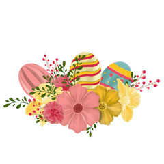 Happy easter  elements hand drawn watercolor easter bunny and easter eggs,  flowers, easter basket and flower pot.