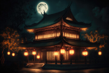 a traditional buddhist temple at night. Generative AI
