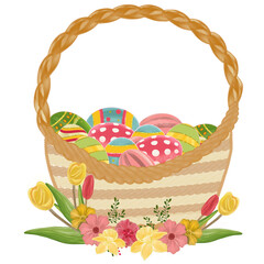 Happy easter  elements hand drawn watercolor easter bunny and easter eggs,  flowers, easter basket and flower pot.