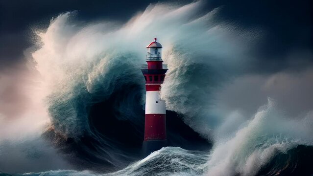 Animated waves surrounding a lighthouse. Video loop 30 seconds