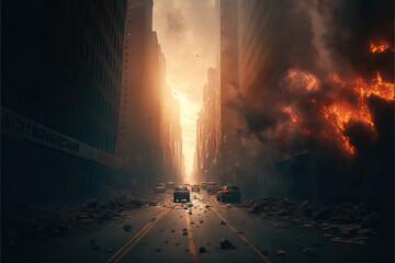 an abandoned devastated city, the streets are on fire. war, apocalypse. Generative AI