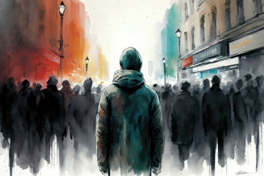 Social alienation watercolor painting. A person stands alone on a crowded street. Feeling disconnected from the bustling city life. Generative AI