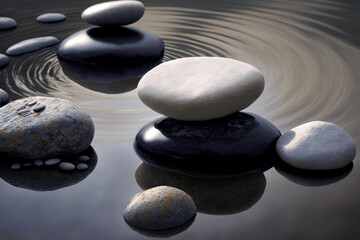 Balance stones on water, pebbles stack, zen and spa concept. Generative AI