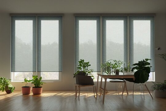 Roller blinds in the interior. Automatic solar shades large size on the window. Modern interior with wood decor panels on the wall. Green plants in hi-tech flower pots. Electric. Generative AI