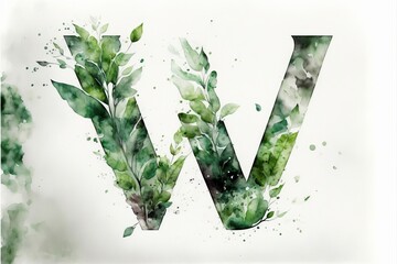 Letter W Green spring leaves drawn made with Generative AI
