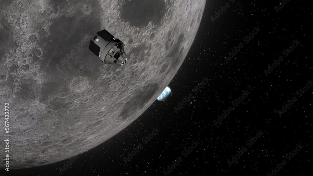 Poster orion artemis capsule leaving moon for return journey to planet earth with stars background - 3d cgi