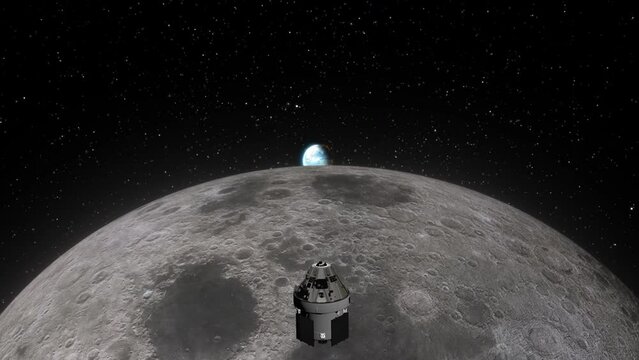 Orion Artemis Capsule Slowly Leaving Moon as Planet Earth Rises with Stars Background - 3D CGI Animation 4K