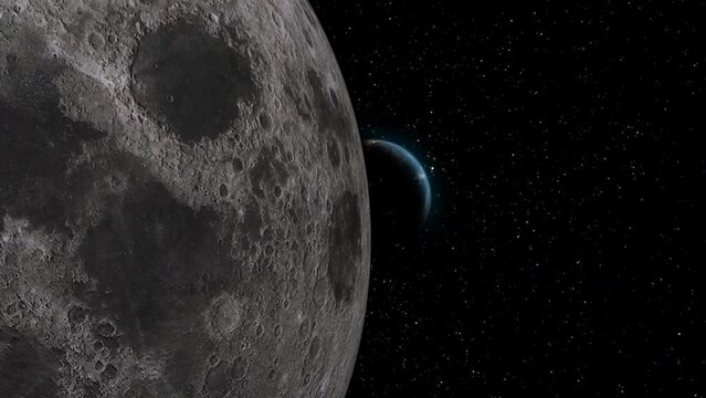 Earth Reveal from Behind Moon with City Night Lights Visible from Space with UK and Europe - 3D CGI Animation 4K