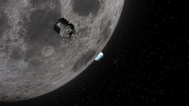 Orion Artemis Capsule Leaving Moon for Return Journey to Planet Earth with Stars Background - 3D CGI Animation 4K