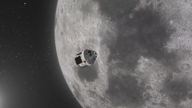 Orion Artemis Capsule Elegantly Rotating Above Moon Surface Preparing for Landing with Stars Background - 3D CGI Animation 4K