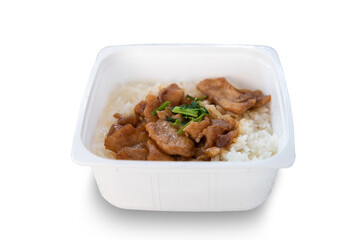 Fried sliced chicken with garlic and pepper over rice in white box isolated on white background. Instant Food Ready to Eat.