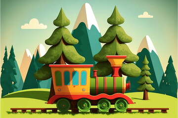Fototapeta premium Children's toy train with toy trees and mountains on the background, cartoon style. Generative AI