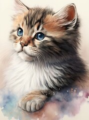Naklejka na ściany i meble Close-up cute furry cat watercolor painting. Generative AI