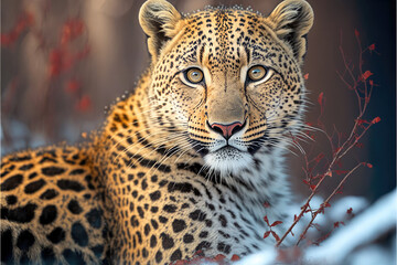 closeup of a beautiful lying leopard in winter Generative AI