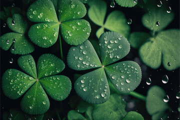 Fototapeta premium closeup of a four leaf clover with water drops on it. Generative AI
