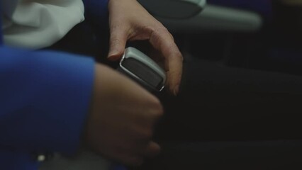 Woman fastens her seat belt in an airplane.