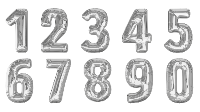 Balões prateados numéricos um dois três quatro cinco seis sete oito nove zero na cor de prata cinza reflexivo sem fundo - Powered by Adobe