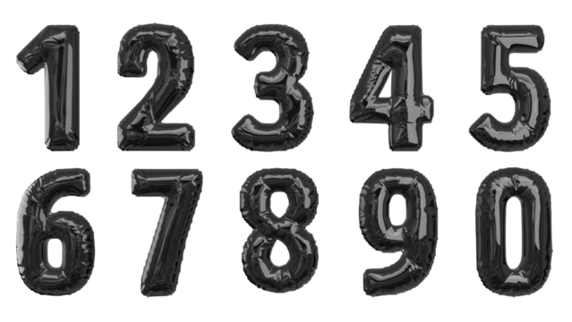 Balões numéricos um dois três quatro cinco seis sete oito nove zero na cor preta sem fundo
