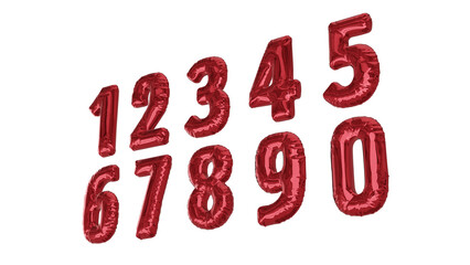 Balões numéricos um dois três quatro cinco seis sete oito nove zero na cor vermelha sem fundo em perspectiva