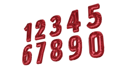 Balões numéricos um dois três quatro cinco seis sete oito nove zero na cor vermelha sem fundo em perspectiva