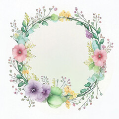 Floral frame illustration. Flower Wreath. Watercolor background with flowers, leaves, twigs. Graphic design for wedding, invitation card. Blooming template. Pastel colors. Generative AI.