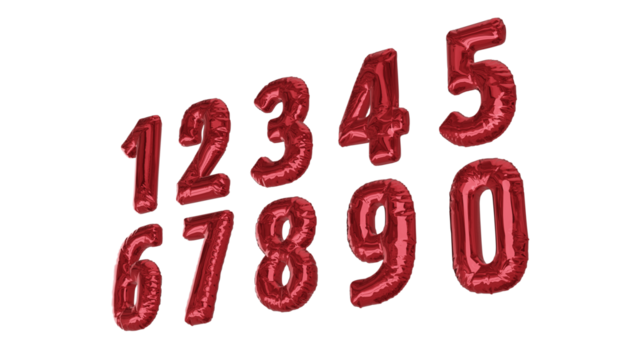 Balões numéricos um dois três quatro cinco seis sete oito nove zero na cor vermelha sem fundo em perspectiva