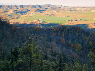 Plowed fields in late autumn. Piedmont region, Italy.