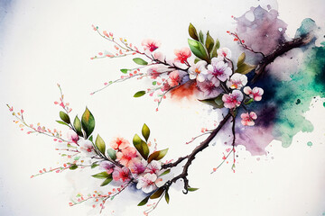 Branch of a blooming tree. Watercolor spring background with colorful flowers and buds. Generative AI.