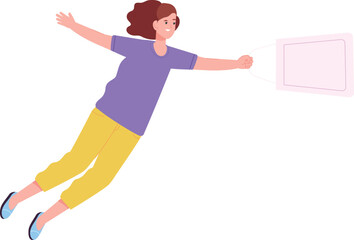 Young woman flying with shopping bag. Floating person
