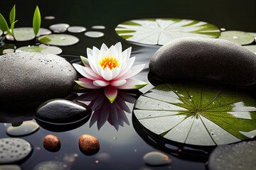 Zen stones. Balance pebbles and waterlilly on water, meditation and spa concept. Generative AI