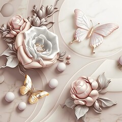 Marble with pink flowers and butterflies pink white created with AI
