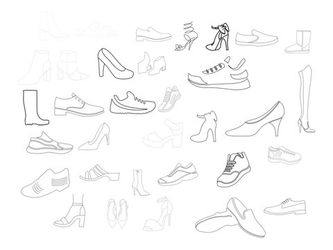 Shoes Icon Vector Art. man and women's shoes outline design art. black and white design. drawing footwear vector illustration. 