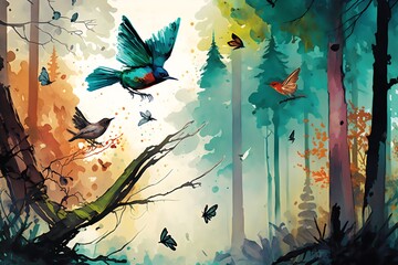 Colorful forest with birds watercolor style created with AI